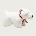 Load image into Gallery viewer, Polar bear plush dog toy with a red, white & gray Nordic print scarf.