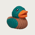 Load image into Gallery viewer, Small, latex dog toy that looks like a decoy duck. It has a textured brown body, teal head & wings, black eyes, and orange bill.