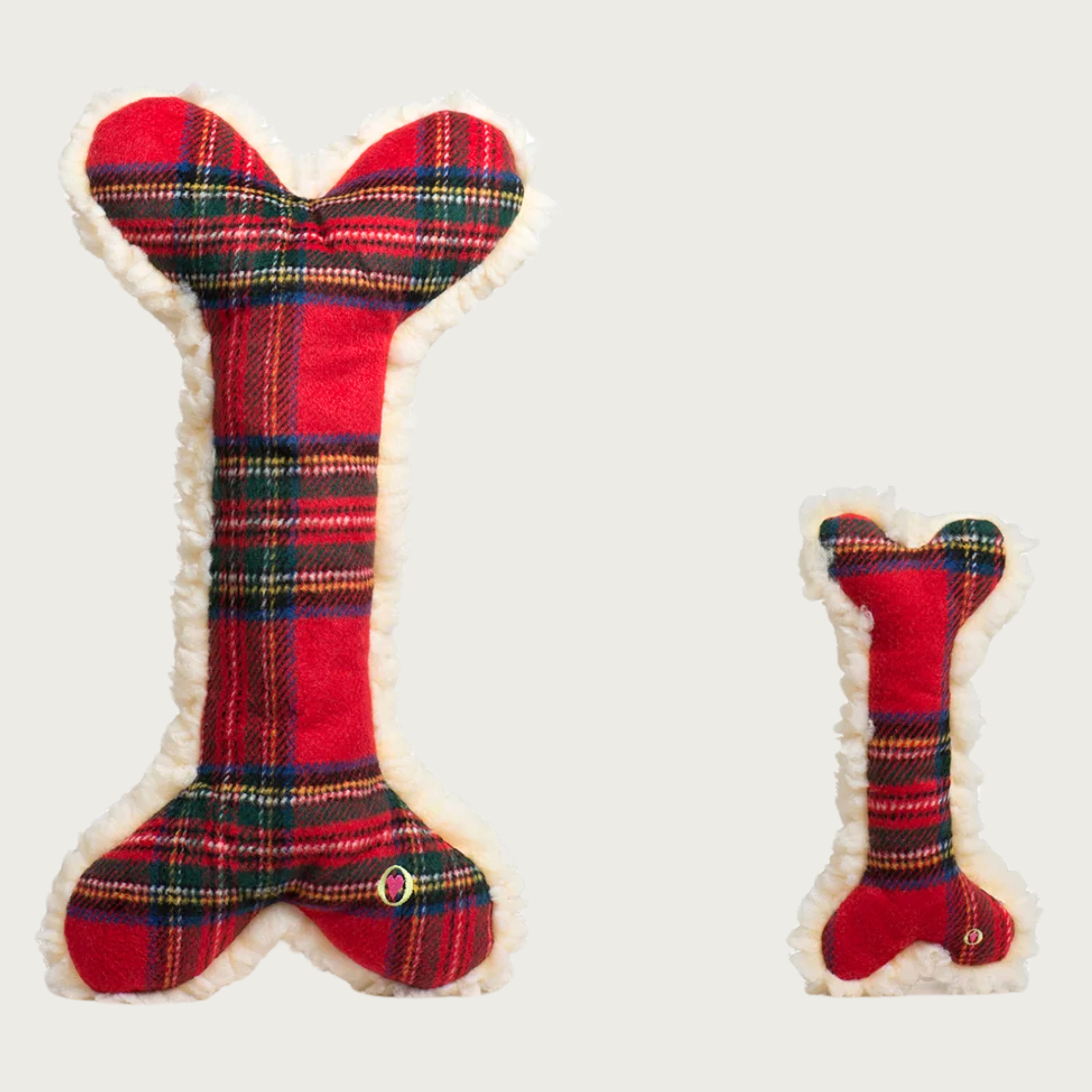 12in and 2ft Tartan Tidings Bone dog toys, side by side to show size difference.