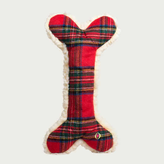 Christmas-themed red & green plaid dog toy shaped like a dog bone.