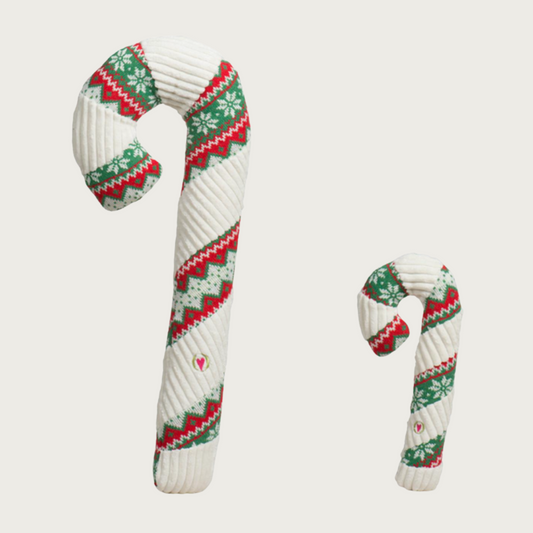 Large and Super-Size Wintergreen Candy Cane dog toys side by side to show size difference.