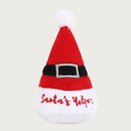 Load image into Gallery viewer, Plush red & white Santa hat dog toy with embroidered black belt detail, and red script text on the white trim that reads "Santa's Yelper".