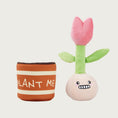 Load image into Gallery viewer, Side by side view of the two parts of this toy. Brown flower pot and pink tulip flower with green stem, coming out of a cream bulb with a cute embroidered expression on its face.
