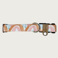 Load image into Gallery viewer, 0.75" width dog collar with a repeating watercolor-inspired rainbow pattern, in soft shades of rust, mauve, light blue and white.