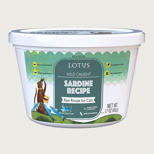White plastic tub of Lotus Wild Caught Sardine Recipe raw cat food. Net Wt. 17 oz. Keep frozen.