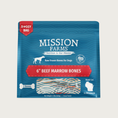Load image into Gallery viewer, Blue bag with red accents, of Mission Farms, Raw Frozen Bones for Dogs; 6" Beef Marrow Bones. Small transparent window shows bones inside. 2 bones in bag, hand cut in Wisconsin. Net wt. 1.5 lbs.