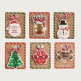 Load image into Gallery viewer, Six Christmas-themed pet collar charms in two rows. Top row is a Santa face with "merry woofmas" text, Rudolph the Red Nosed Reindeer face, and a Snowman with "furry & bright" text. Bottom row has a Christmas tree, red paw print with "feliz naughty dog" text, and a green with red diagonal striped dog bone with "santa paws" text. All have small lights illuminated inside.