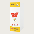 Load image into Gallery viewer, A tall white and yellow cardboard box with red accents, of Mutt Gut raw chicken dog food. Text called out in red circles under the brand name reads: 90% whole muscle meats 8% organic vegetables, 2% BiomePet & Minerals. 18 lbs.