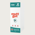 Load image into Gallery viewer, A tall white and teal cardboard box with red accents, of Mutt Gut raw turkey dog food. Text called out in red circles under the brand name reads: 90% whole muscle meats 8% organic vegetables, 2% BiomePet & Minerals. 18 lbs.