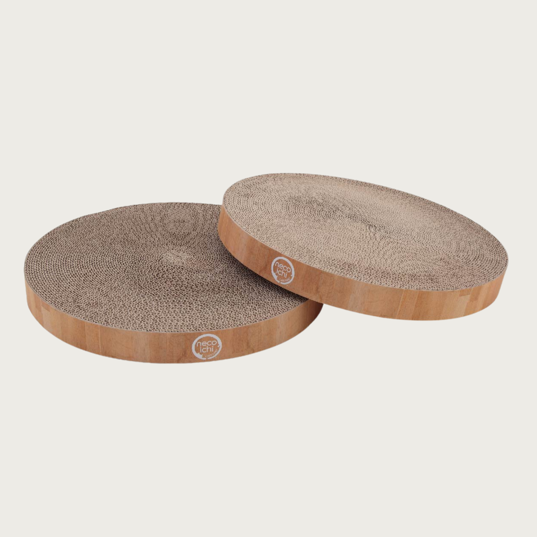 Two round replacement cat scratcher discs with faux oak wood trim, to fit the Cozy Cat Scratcher Bowl, size Large.