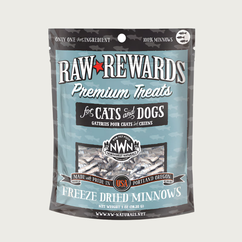 A 1 ounce bag of Northwest Naturals freeze-dried raw whole minnows treats for dogs and cats. Clear window on bag shows whole fish minnows, each about 2 inches long.