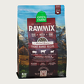 Load image into Gallery viewer, A bag of Open Farm RawMix Ancient Grains Front Range Recipe dog food. Humanely raised and sustainably sourced. A mountain ranch scene is in the background of the bag, with a vertical red bar behind the white text to highlight it.