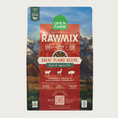 Load image into Gallery viewer, A bag of Open Farm RawMix Grain & Legume Free Great Plains Recipe dog food. Humanely raised and sustainably sourced. A mountain ranch scene is in the background of the bag, with a vertical dark orange bar behind the white text to highlight it.