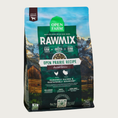 Load image into Gallery viewer, A bag of Open Farm RawMix Ancient Grains Open Prairie Recipe dog food. Humanely raised and sustainably sourced. A mountain ranch scene is in the background of the bag, with a vertical green bar behind the white text to highlight it.