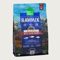 Load image into Gallery viewer, A bag of Open Farm RawMix Ancient Grains Wild Ocean Recipe dog food. Ethically and sustainably sourced. A mountain ranch scene is in the background of the bag, with a vertical blue bar behind the white text to highlight it.
