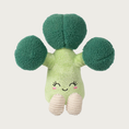 Load image into Gallery viewer, Plush dog toy shaped like a large broccoli floret with stem. Its body is light green with tiny silver sparkles, and a cute embroidered face. It has cream corduroy legs and dark green, round, faux sheepskin florets on top.