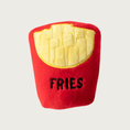 Load image into Gallery viewer, French fries in red container-shaped small plush dog toy. Its design is printed on fabric with embroidered accents; there are no textured or dimensional layers.