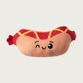 Load image into Gallery viewer, Hot dog shaped small plush dog toy. Its design is printed on fabric with embroidered smiley face; there are no textured or dimensional layers.