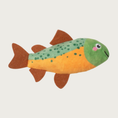 Load image into Gallery viewer, Mini fish-shaped plush dog toy with green and orange colors, similar to a trout. Embroidered facial expression.