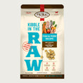 Load image into Gallery viewer, A 9 pound bag of fish & pork recipe Kibble in the Raw dog food from Primal Pet Foods. Text on bag reads "Kibble sized bites made with freeze-dried raw fish & pork" and "Serve like kibble. Nourish like raw." There is an image of fresh produce with raw pork chops and whole fish, and a smaller image of the bite-sized morsels that are in the bag.
