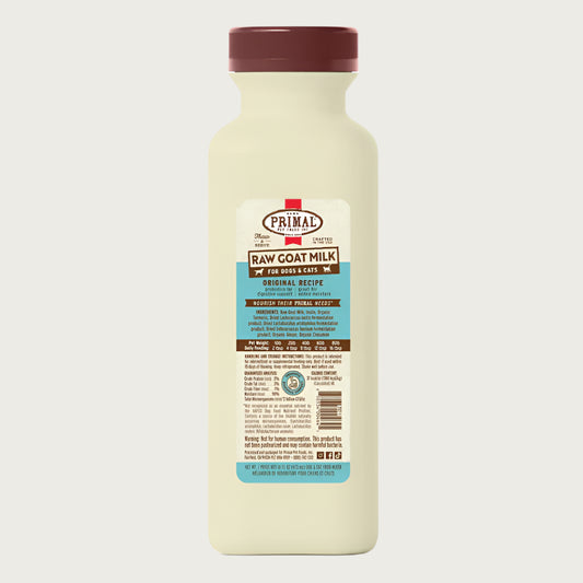 A 16 ounce plastic bottle of frozen Primal raw goat milk original recipe for dogs and cats of all life stages, with probiotics for digestive support.