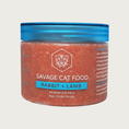 Load image into Gallery viewer, A 12 oz plastic tub of Savage Cat Food, Rabbit and Lamb recipe for cats. Tub is clear, with reddish food inside. Lid is blue. Raw. Keep Frozen.