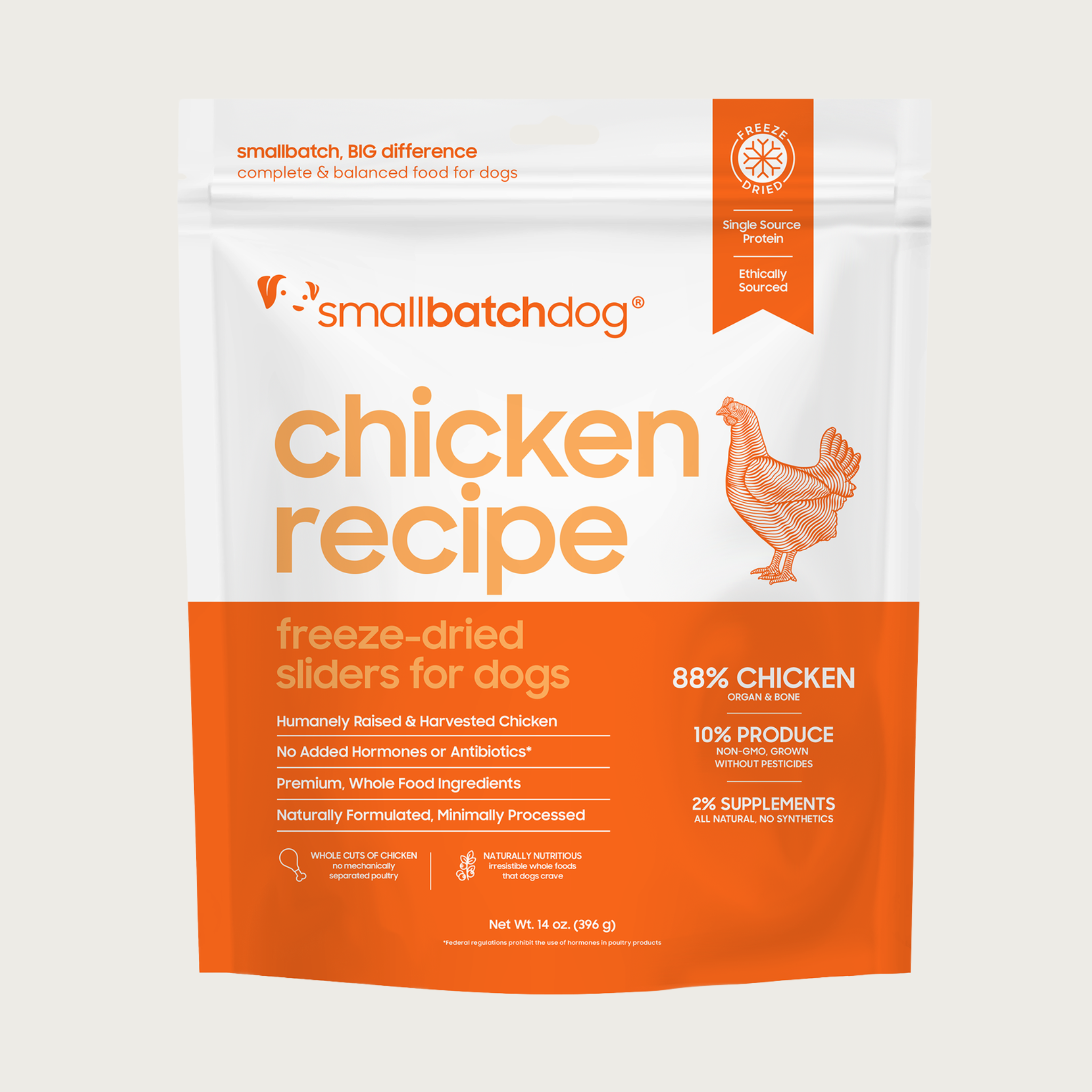 An orange and white bag of Smallbatch chicken batch recipe, freeze-dried raw dog food. This bag contains 14 ounces of food.
