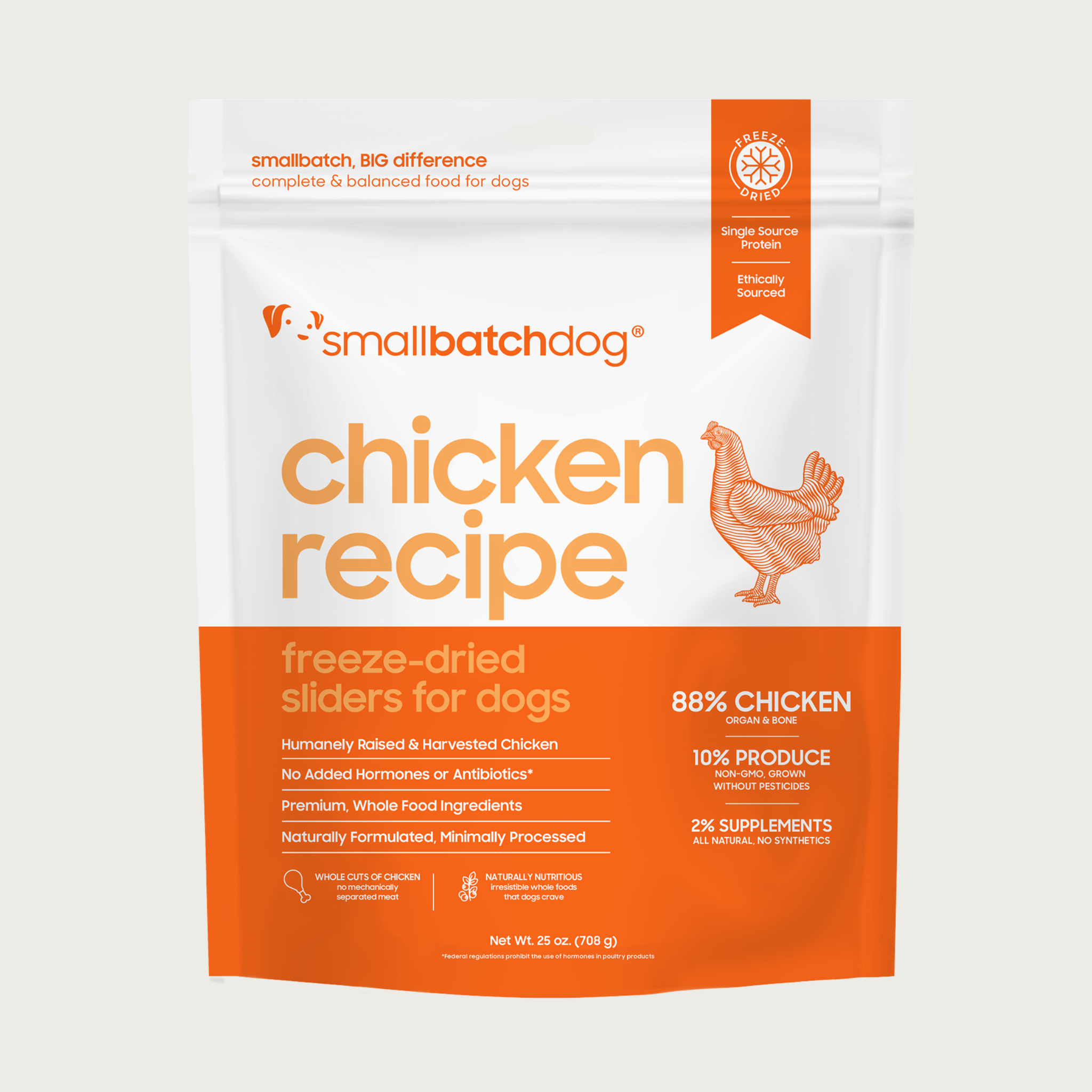 An orange and white bag of Smallbatch chicken batch recipe, freeze-dried raw dog food. This bag contains 25 ounces of food.