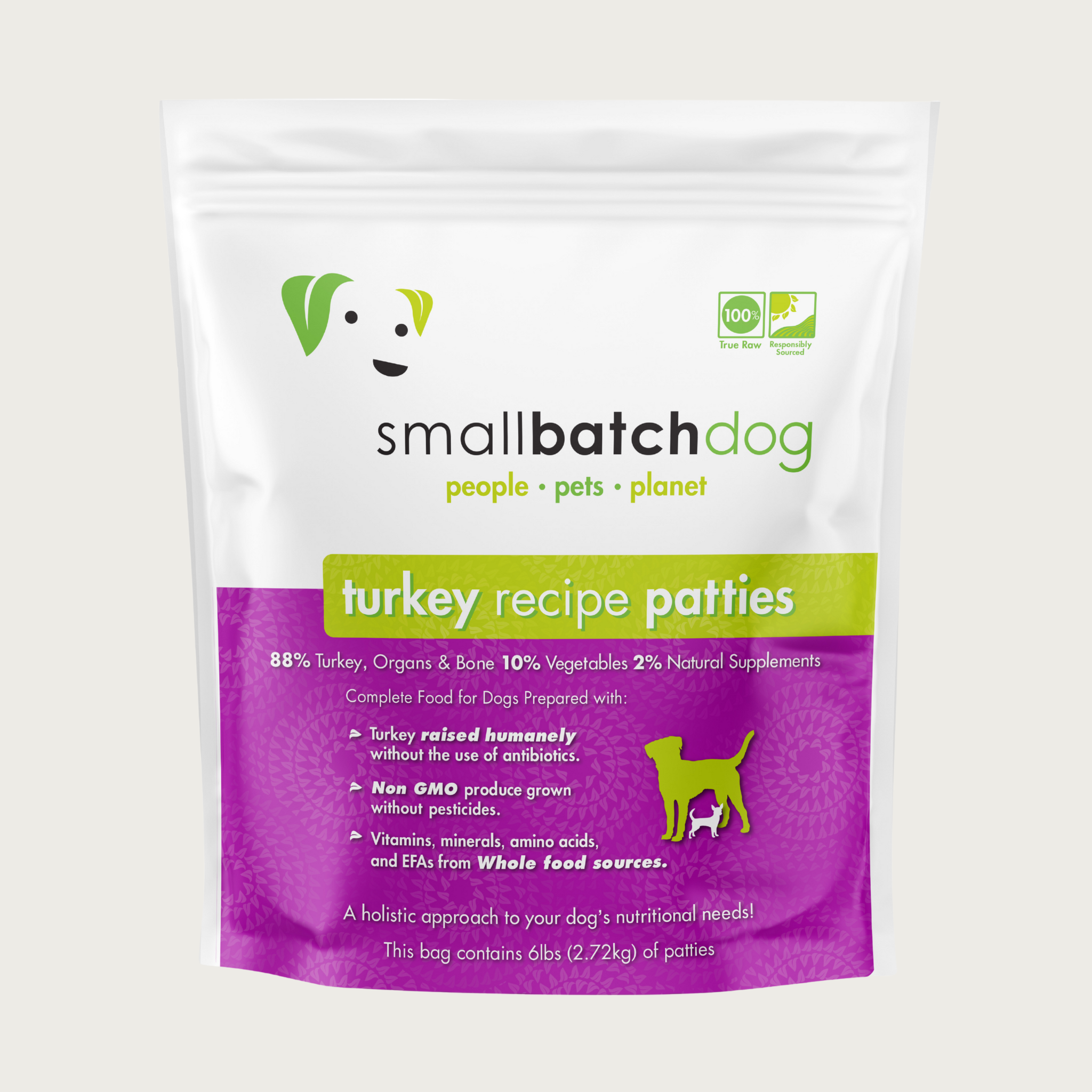 A purple and white bag of Smallbatch turkey batch recipe, frozen raw dog food. This 6 pound bag contains 12 patties.