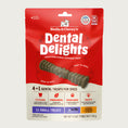 Load image into Gallery viewer, 5.5 oz bag of Stella & Chewy's Dental Delights, 4-in-1 Dental Treats for Dogs. Cleans, Freshens, Engages, Tasty. Contains 11 Small treats for dogs between 16-25 lbs. Photo of one treat is in the center; it looks like a narrow stick-like hourglass with ridges and bumps.