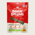 Load image into Gallery viewer, 23.2 oz bag of Stella & Chewy's Dental Delights, 4-in-1 Dental Treats for Dogs. Cleans, Freshens, Engages, Tasty. Contains 17 Large treats for dogs weighing 51+ lbs. Photo of one treat is in the center; it looks like a narrow stick-like hourglass with ridges and bumps.