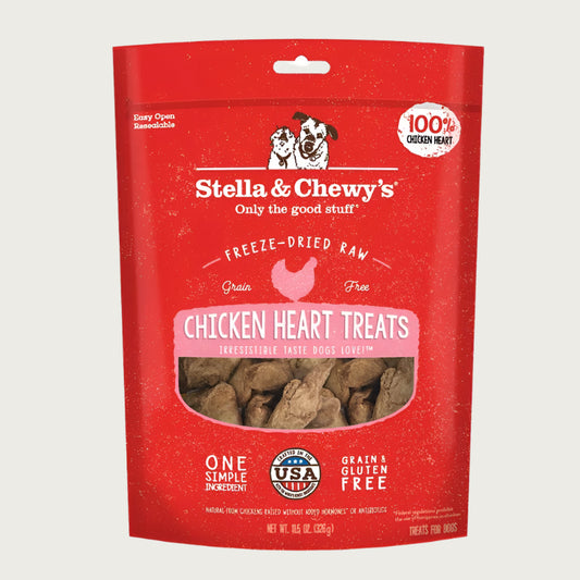 11.5 oz red bag of Stella & Chewy's Freeze-Dried Raw, Grain Free Chicken Heart Treats. One simple ingredient; 100% chicken heart. Grain & gluten free.