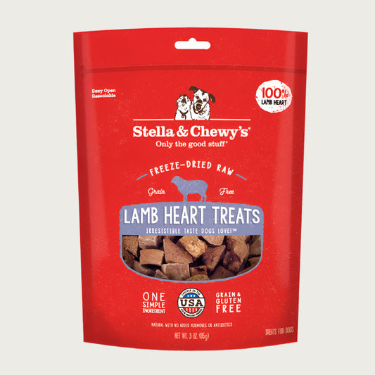 3 oz red bag of Stella & Chewy's Freeze-Dried Raw, Grain Free Lamb Heart Treats. One simple ingredient; 100% lamb heart. Grain & gluten free.