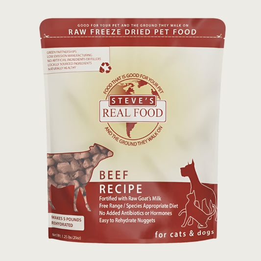 A 1.25 pound bag of Steve's Real Food freeze-dried raw food nuggets in the beef recipe for both dogs and cats. Makes 5 pounds when rehydrated.