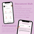 Load image into Gallery viewer, Close up view of a smartphone screen showing the "Document Hub" option on the Tailr app, with several options to choose. Another close up view of a smartphone screen shows the Documents Sharing Settings, and the Documents Visibility option. Text around these images reads: Document Hub - The most comprehensive tool for your pet's well-being! Upload, store, and share your pet's important documents with their caretakers for free. Full Control -
You choose who has visibility to your pet's documents.