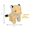 Load image into Gallery viewer, Side view of the Crunch Mountain Lion dog toy with additional information. Arrows show 9" vertical height and 8" width. "Squeaker" points to its nose, "Crinkle" points to its tail, and "Water Bottle" points to its chest.