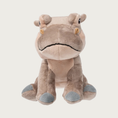 Load image into Gallery viewer, Plush hippo dog toy sitting upright, with a soft beige and light brown body, gray hooves, embroidered facial details with prominent eyes, tiny ears and nose holes.