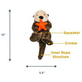 Load image into Gallery viewer, Frontal view of the Otter dog toy with additional information. Arrows show 13" vertical height and 5.5" width. "Squeaker" points to its belly, "Crinkle" points to its feet, and "Inner Rope Structure" points to its tail.