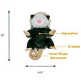 Load image into Gallery viewer, Frontal view of the Possum dog toy with additional information. Arrows show 12" vertical height and 4.5" width. "Squeaker" points to its chest, "Crinkle" points to its feet, and "Inner Rope Structure" points to its tail.
