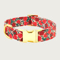 Load image into Gallery viewer, Dog collar with small, red apple pattern on a light beige background. Gold tone metal buckle and D-ring.
