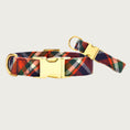 Load image into Gallery viewer, Pair of Dakota Plaid dog collars; 5/8" wide collar leaning on the 1" wide one, to show the size difference.