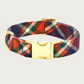 Load image into Gallery viewer, Navy blue, orange, hunter green & white plaid dog collar with gold-toned metal buckle and D-ring.