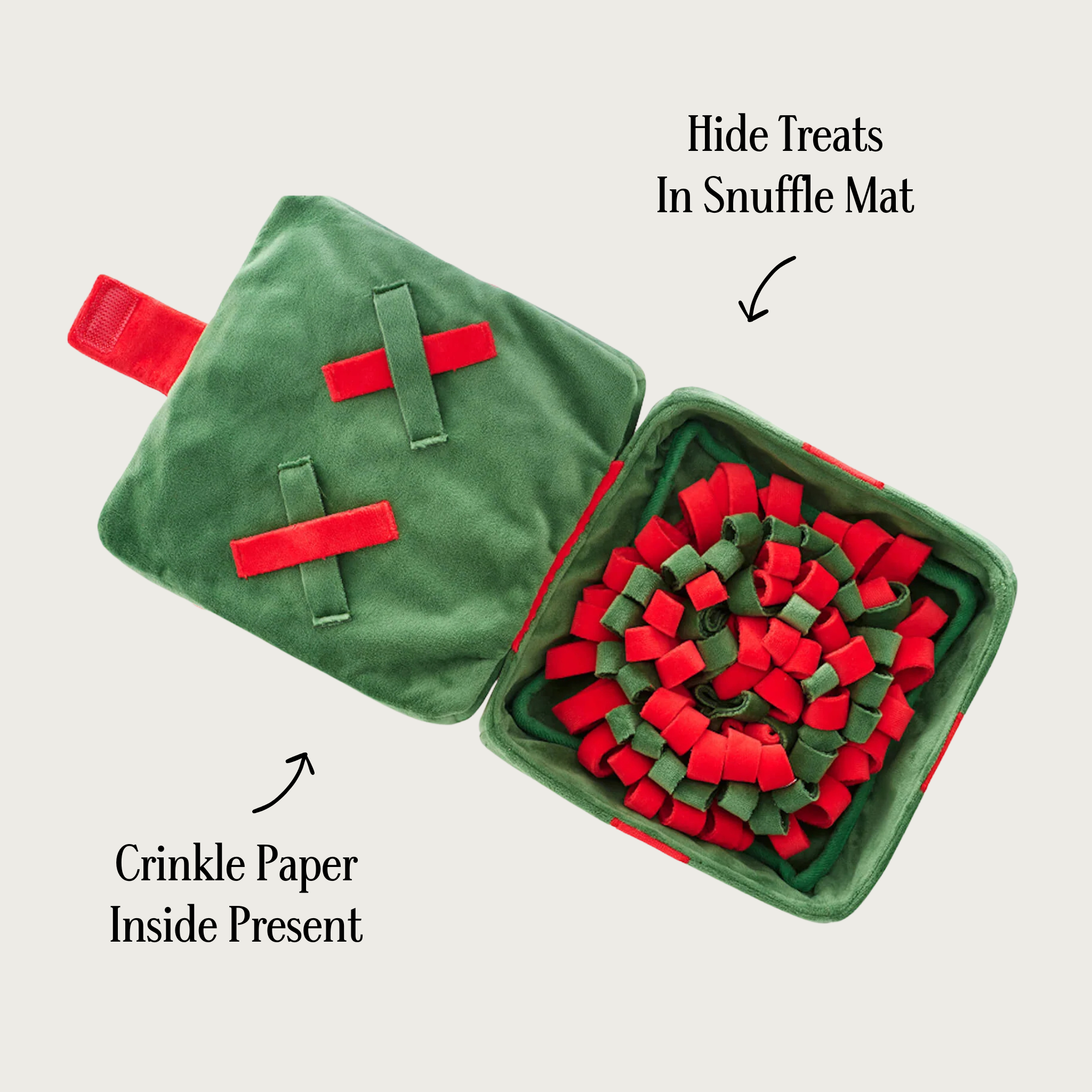 Holiday Present toy opened up to expose a dark green and red snuffle mat on the right. The snuffle mat section is a series of red and dark green plush loops, sewn closely together. The present seals with a Velcro strap. Text with arrows pointing to toy reads "hide treats in snuffle mat" and "crinkle paper inside present".