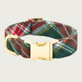 Load image into Gallery viewer, Red, green, and white plaid dog collar with gold toned metal buckle and D-ring.