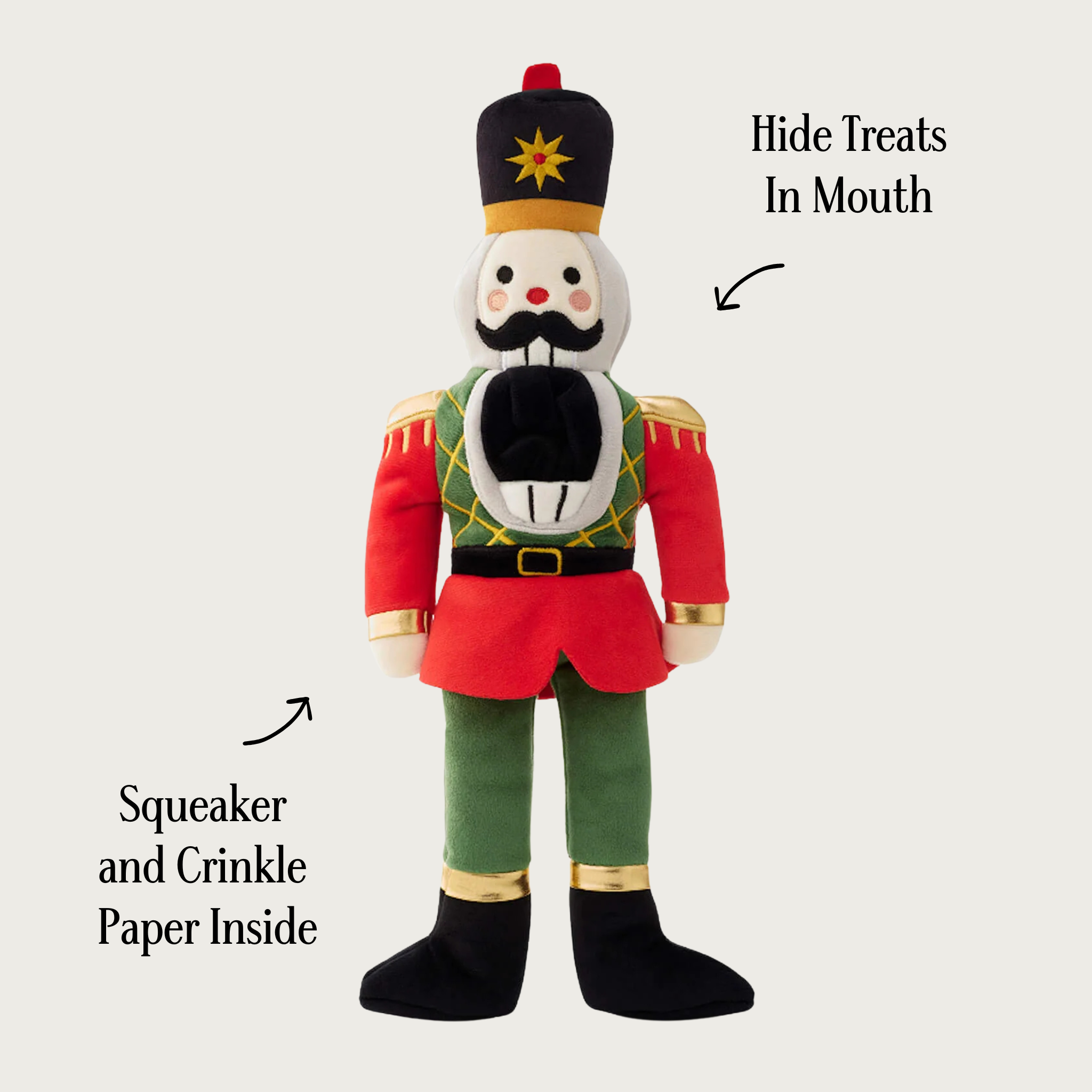 Same view of the nutcracker toy, with added text which reads: "hide treats in mouth" and points to its mouth, and "squeaker and crinkle paper inside" and points to its body.