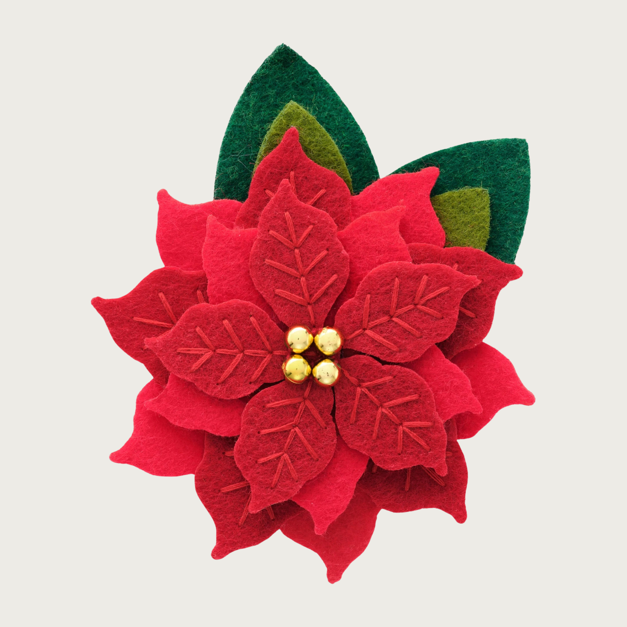 Layered red felt poinsettia dog collar flower with layered green felt leaves.