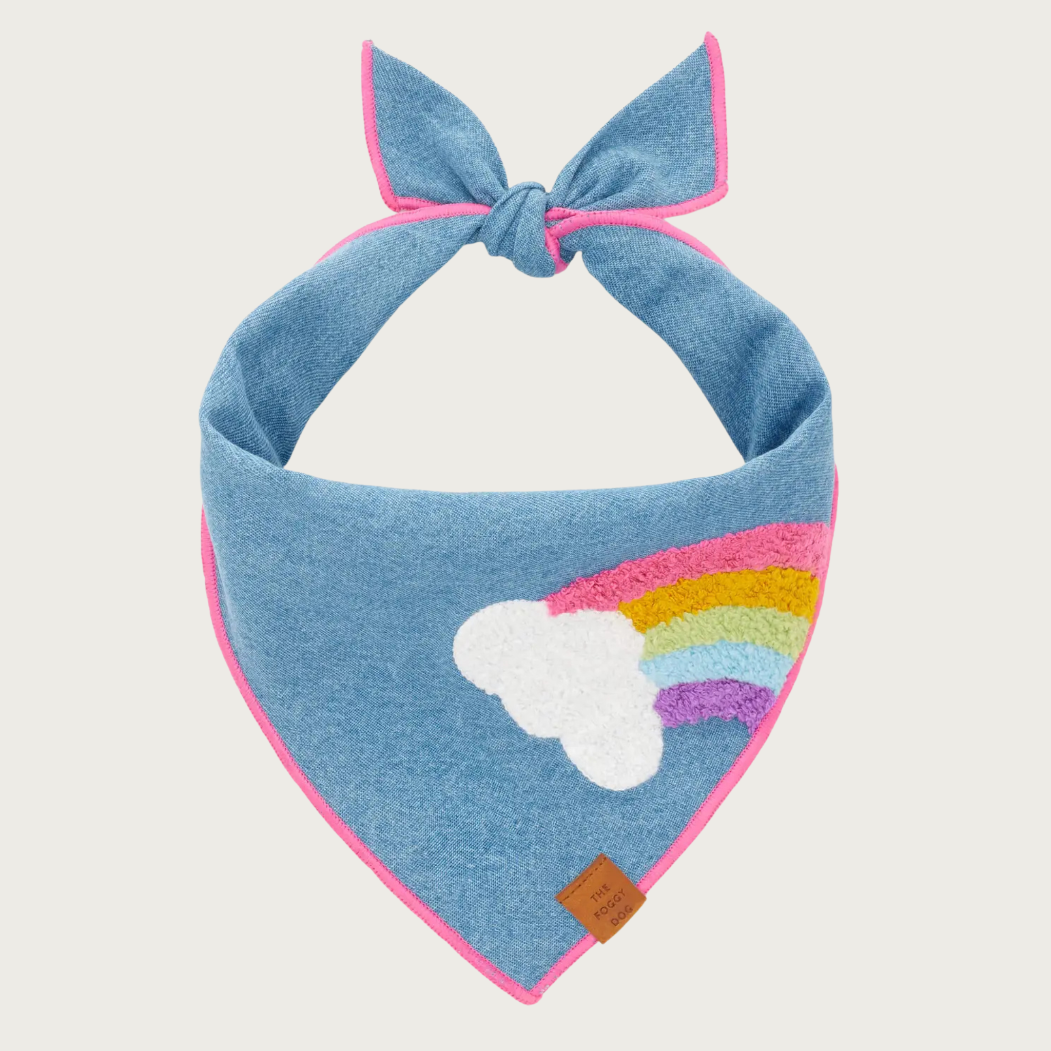 Light denim blue bandana with appliqued rainbow and cloud on its left side.
