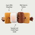 Load image into Gallery viewer, Side, more open view of the S'more Interactive Snuffle toy, showing rope between layers, with text descriptors. With arrows pointing to the toy in different locations, text reads "squeaker and crinkle paper inside" and "hide treats in pockets" and "layers slide along rope."