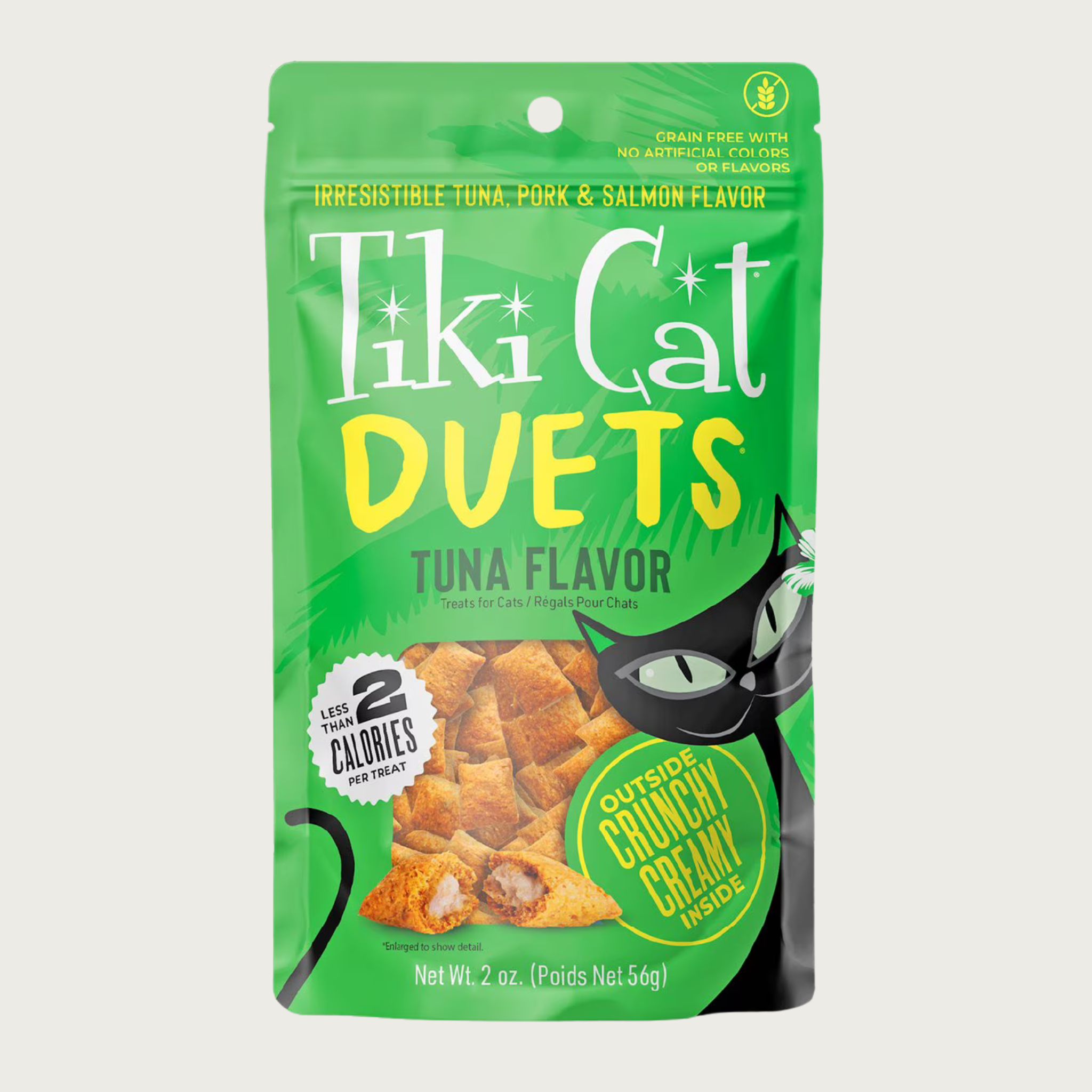 Tiki Cat Duets Tuna Flavor cat treats in a bright green pouch. Grain free with no artificial colors or flavors. Irresistible tuna, pork & salmon flavor.