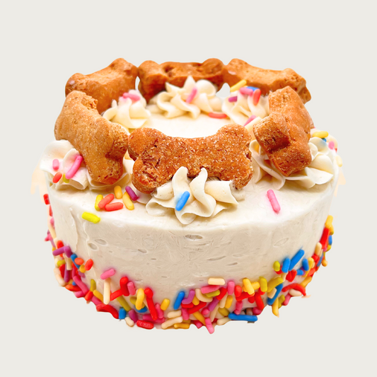 Dog birthday cake with cream colored frosting, multicolored sprinkles and bone-shaped cookies on top.